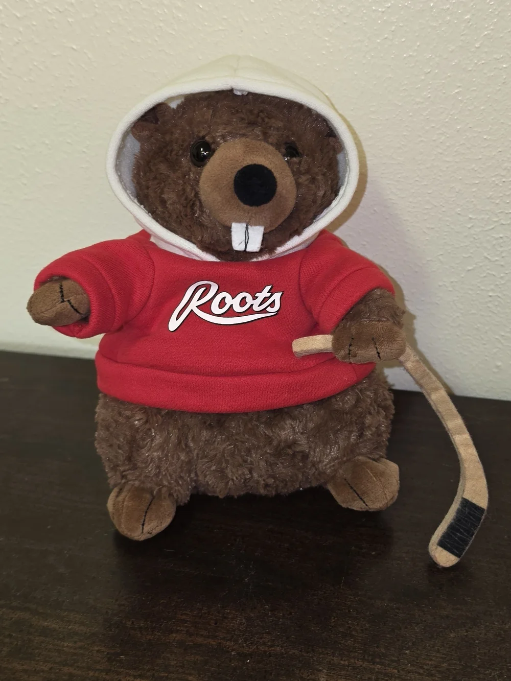 Roots Brown Plush Hockey Beaver Toy with Red and White Hoodie